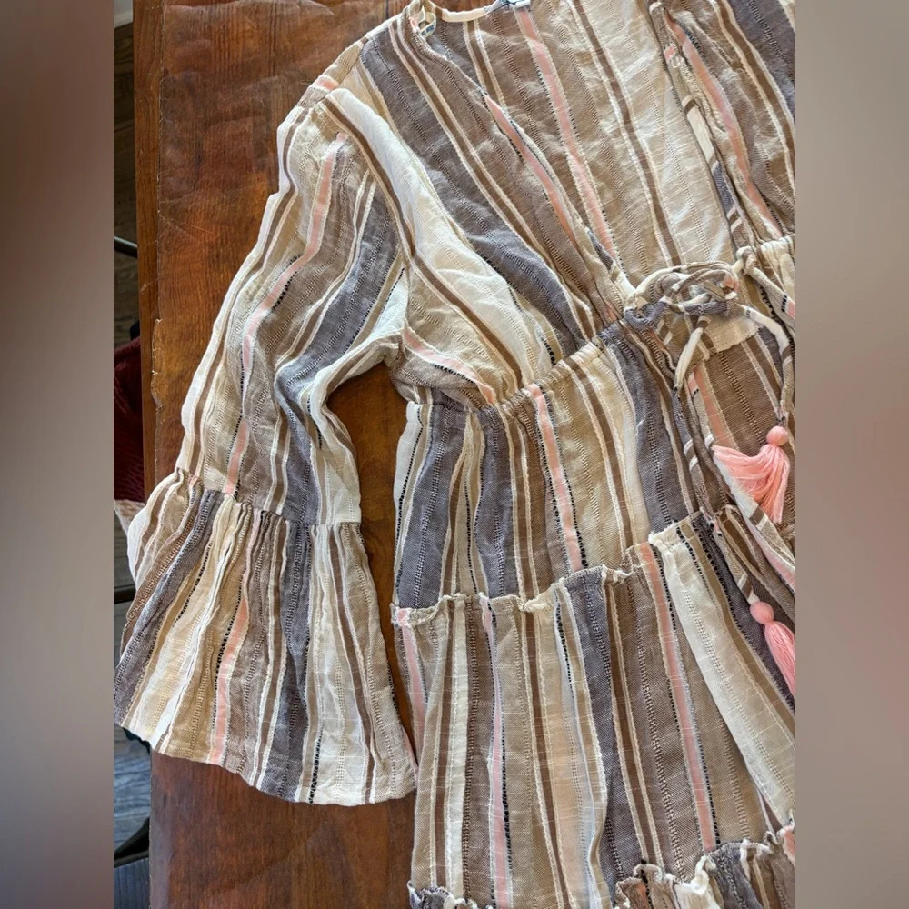 Blue Island Womens Striped Tiered Boho Tunic Swim Cover‎ Up Tassel Tie Brown Med